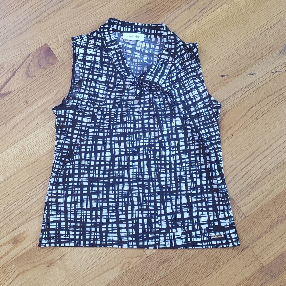Calvin Klein sleeveless black and white blouse